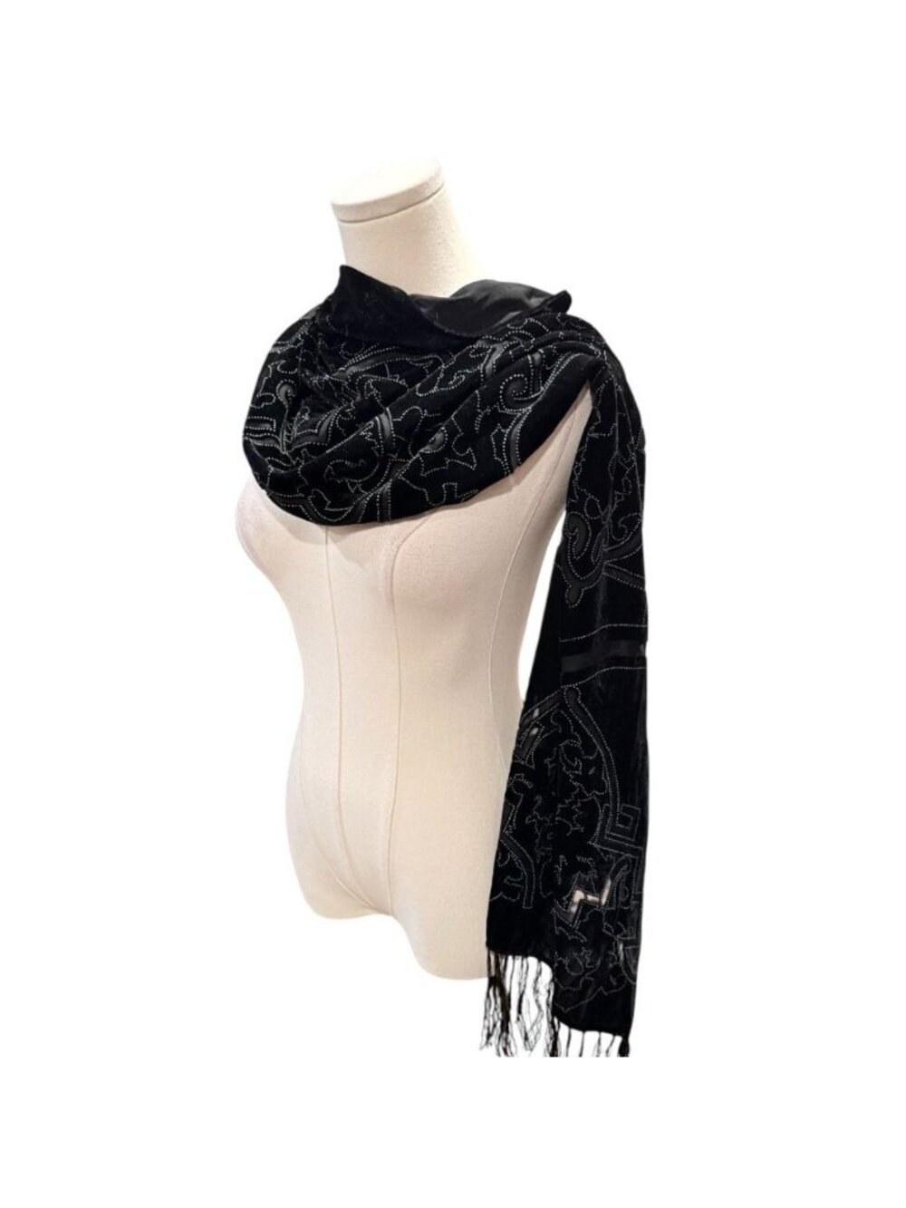 Womens Black Velvet Burnout Pattern Fringe Trim Winter Scarf Whimsigoth Art Deco - Picture 3 of 6